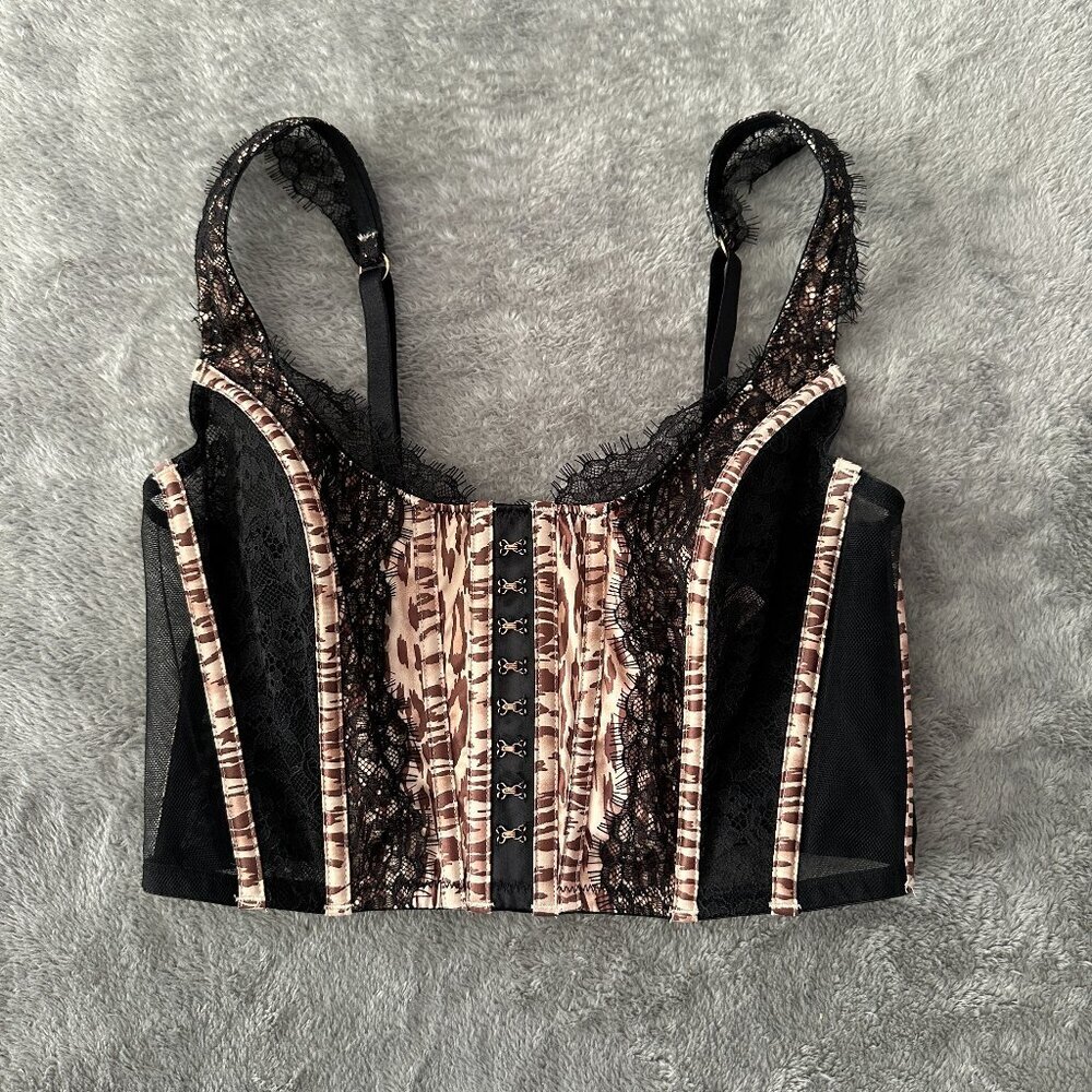 Victoria's Secret Small DD Bustier Corset Bra Black Animal Print Lace Cropped